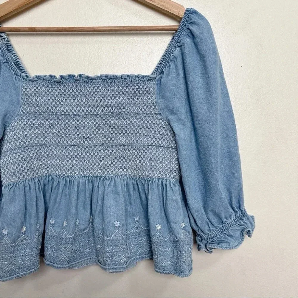 American Eagle Womens Small Smocked Square Neck Babydoll Chambray Top - Picture 7 of 14